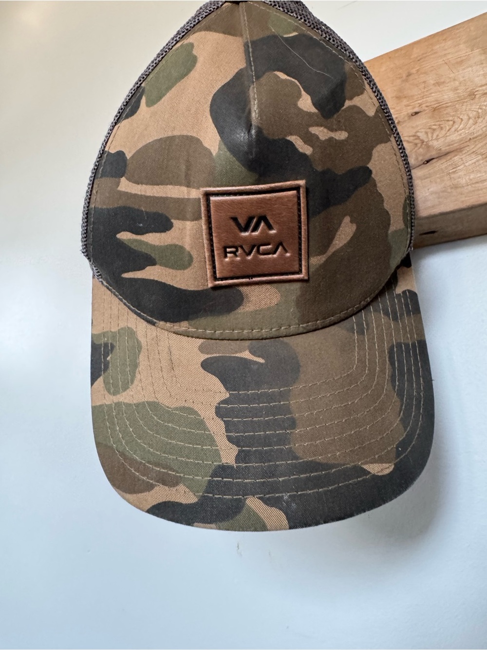 RVCA Camo Trucker Hat with Leather Patch - Brown/Green